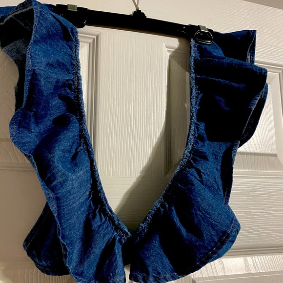 Caffeine Tops - Dark blue denim bra crop top with detail sleeves